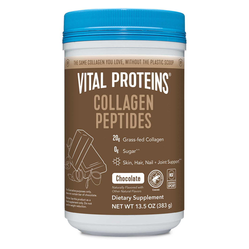 Vital Proteins Collagen Peptides chocolate-flavored dietary supplement jar with 20g grass-fed collagen.
