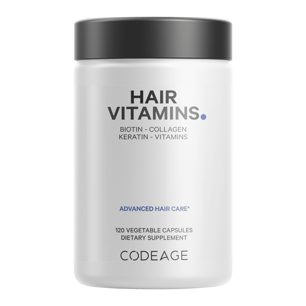 Hair vitamins supplement jar with biotin, collagen, keratin, and vitamins for advanced hair care.