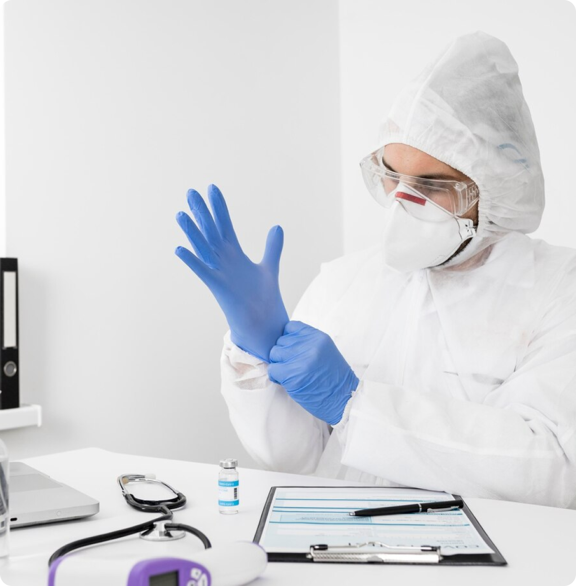 Healthcare professional in protective gear holding up gloved hand near vaccine vial and clipboard.