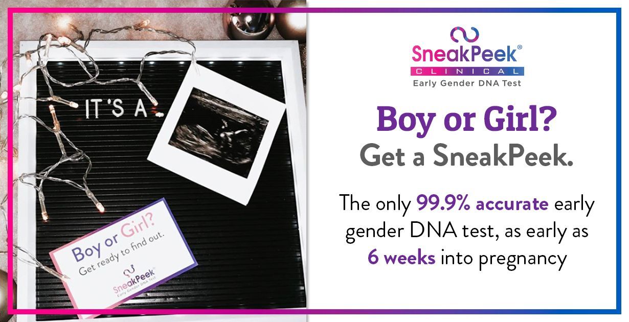 SneakPeek Clinical early gender DNA test framed with ultrasound and "It's a" sign.
