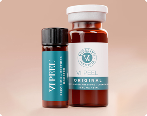 VI Peel Original and Precision+ Peptides Booster bottles displayed against a plain background.