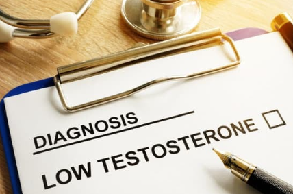 Diagnosis document showing low testosterone with medical tools nearby