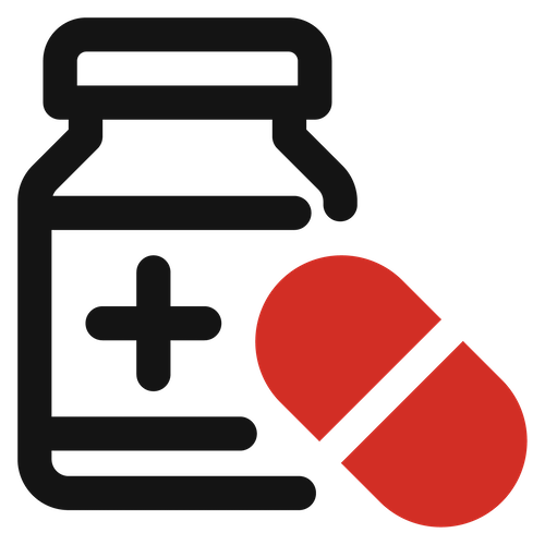 Medicine bottle with capsule icon symbolizing healthcare or pharmacy services.