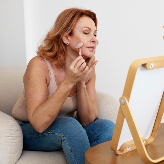 Applying lip balm while sitting on a couch near a mirror.